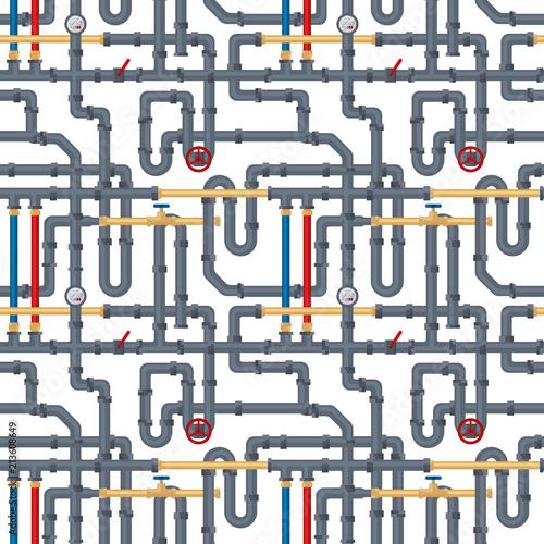 Seamless background with tubes and pipelines on white. Flat elements of water tubing. Plumbing fo gas, oil industry. Vector illustration in flat style