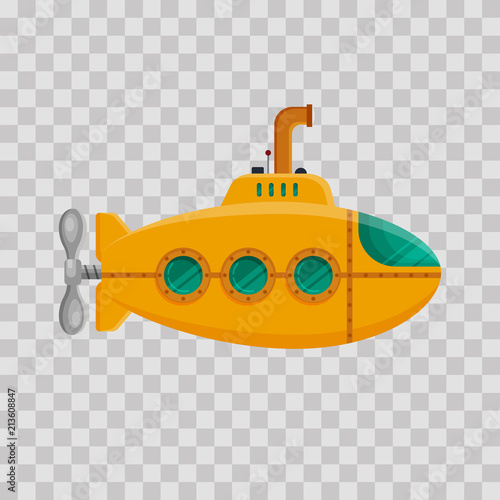 Yellow submarine with periscope on transparent background. Colorful underwater sub in flat style. Childish toy - stock vector illustration