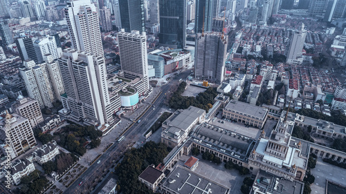 Aerial View of business area and cityscape in Jingan district, Shanghai