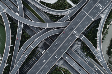 Aerial view of highway and overpass in city