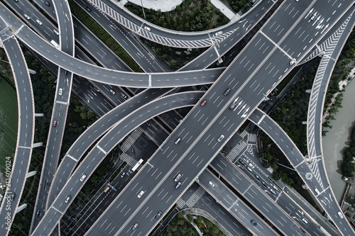 Aerial view of highway and overpass in city