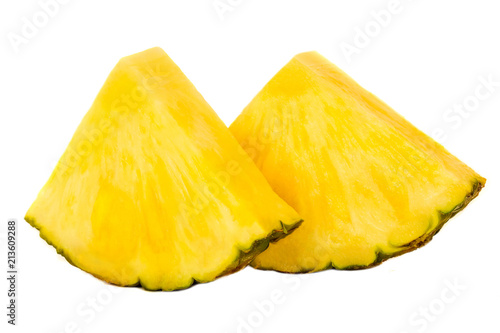 Two Pineapple slices. Ananas fruit isolated on white background. Fresh pineapple macro..