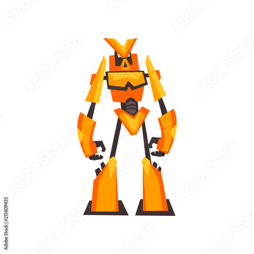 Bright yellow-orange robot transformer with claw hands. Fantasy metal monster. Isolated flat vector design