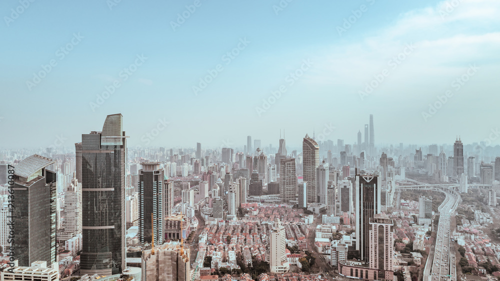 Fototapeta premium Aerial View of business area and cityscape in west Nanjing road, Jing`an district, Shanghai
