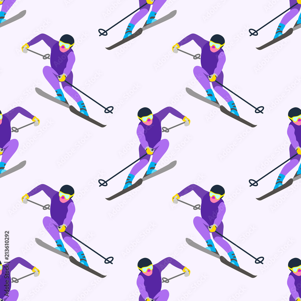 Obraz premium Winter sport game seamless pattern. Skiing sportsmans character in motion. Sporty guy riding on skis. Vector concept in cartoon style can be used for poster, banner, background, wrapping paper