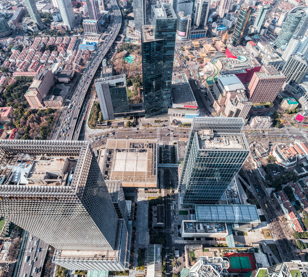 Aerial View of business area and cityscape in west Nanjing road, Jing`an district, Shanghai