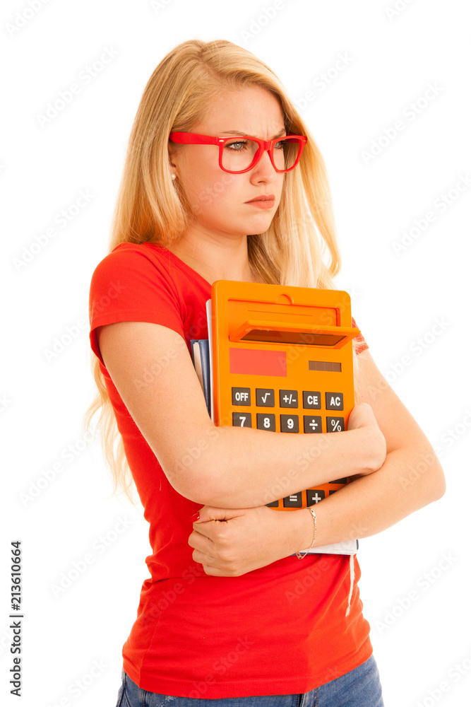 Shocked young student in red t shirt with calculator isolated over white Shocked young student in red t shirt with calculator isolated over white