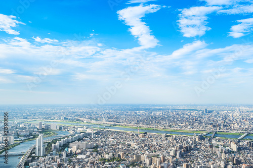 Asia Business concept for real estate and corporate construction - panoramic modern city urban skyline bird eye aerial view under sun & blue sky in Tokyo, Japan © voyata