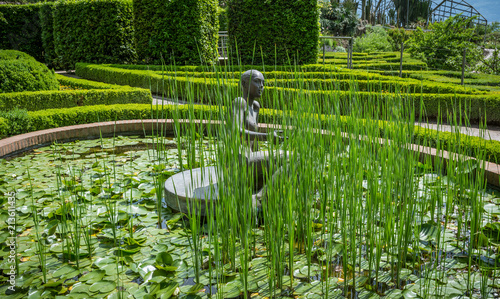 The romantic Water Lily Pond in the Gardens of Trauttmansdorff Castle. in the middle of the pond a beautiful sculpture photo