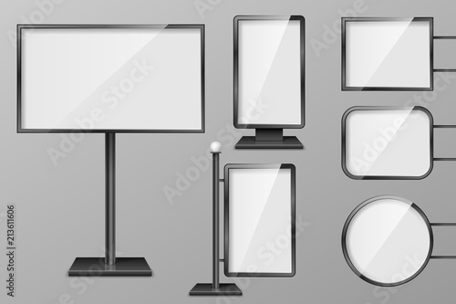 Set of Light boxes template. Outdoor 3d Retail lighting billboards. Realistic boards for advertising and design, signboard and announcement lightbox screen. vector illustration