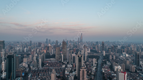 aerial view of business area in Nangjing Rd, Shanghai, China, at dusk
