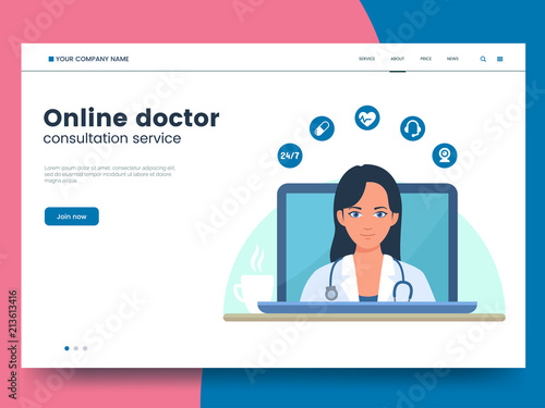 Online doctor website concept. Young woman doctor on laptop screen. Telemedicine benefits illustration. Health care online service Modern medicine landing page template. Eps 10.