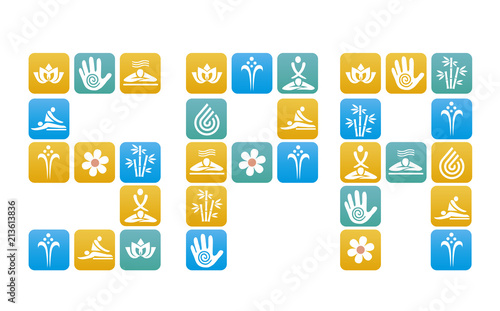 Spa inscription with spa and massage icons.
Decorative inscription with  Colorful  spa massage icons. Vector available.