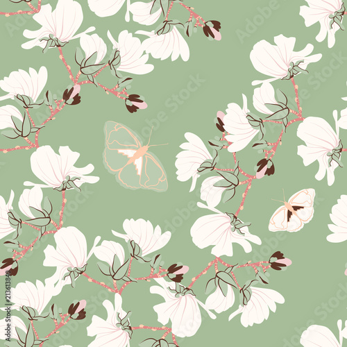 Magnolias Floral seamless pattern. Oriental botanical blooming Motifs scattered random. Seamless vector texture. Printing with in hand drawn style in mint background.