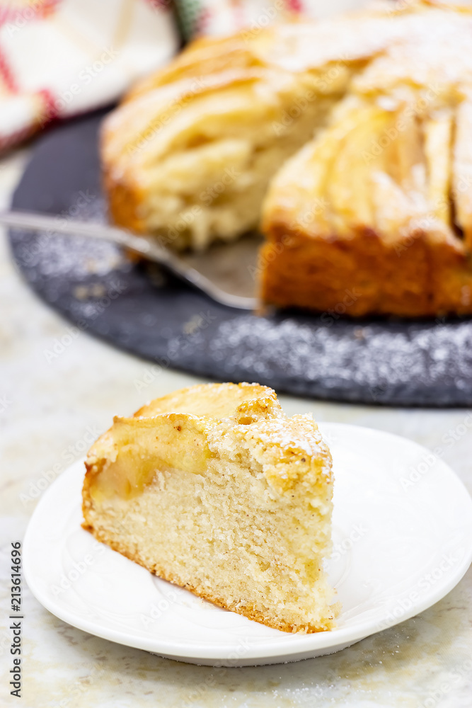Delicious homemade apple cake with cinnamon. Slate plate served. Marble background Selective focus. Delicious homemade apple cake with cinnamon. Slate plate served. Marble background Selective focus.