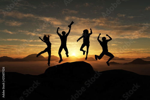 3d illustration of silhouette group of happy traveller jumping on top of the mountain at sunset