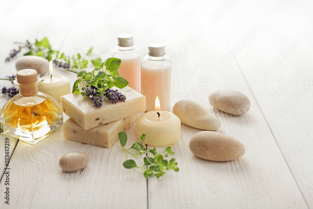 lavender SPA cosmetics: soap, essential oils, aromatherapy candles and flowers - obrazy, fototapety, plakaty 