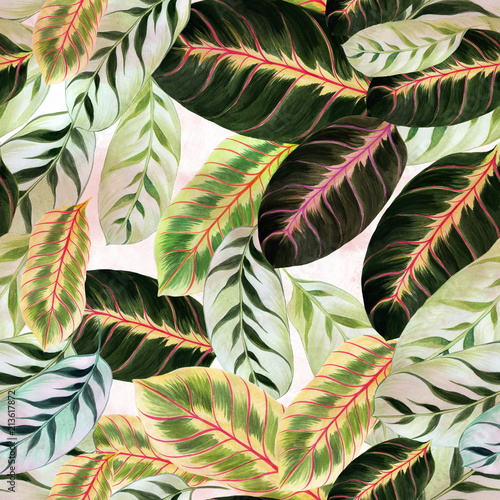 Exotic leaves - Morant. Watercolor background image - decorative composition. Use printed materials, signs, items, websites, maps, posters, postcards, packaging.Seamless pattern. photo