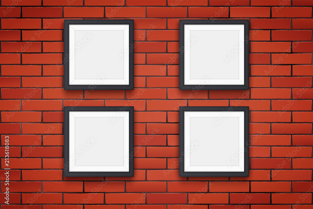 Red brick wall with four modern square picture frames. Mockup black frame for image and advertising. Poster Closeup view. Vector Illustration. Red brick wall with four modern square picture frames. Mockup black frame for image and advertising. Poster Closeup view. Vector Illustration.