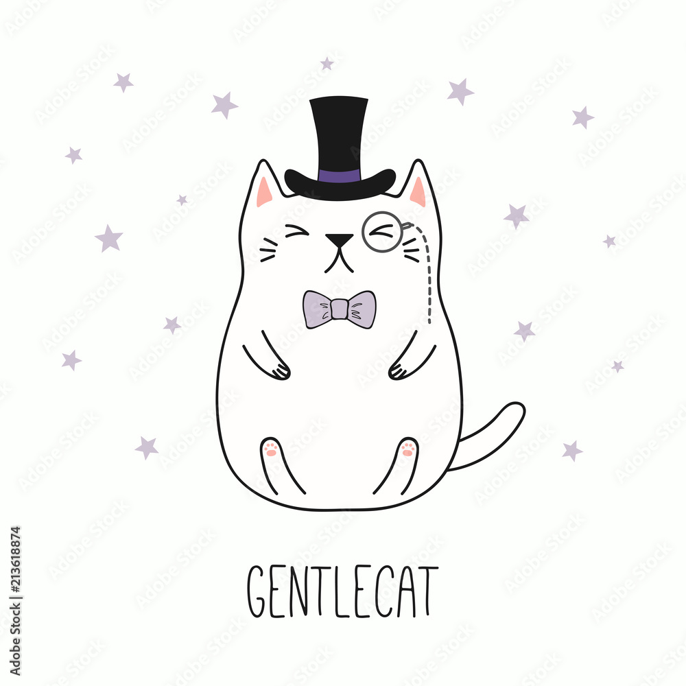 Hand drawn vector illustration of a kawaii funny gentleman cat in a top hat,  bow tie, with monocle. Isolated objects on white background. Line drawing.  Design concept for children print. Stock Vector