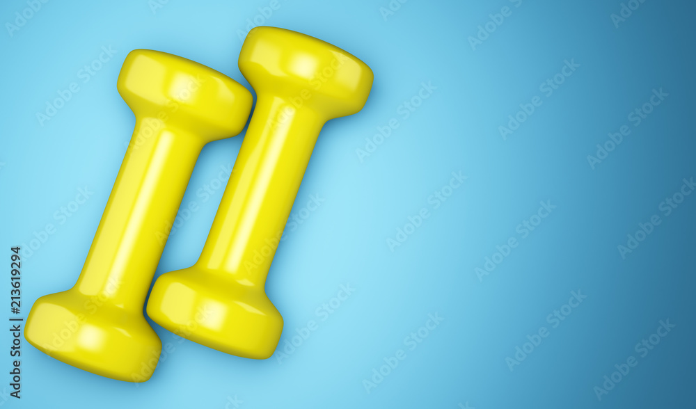 yellow dumbbells isolated on blue background yellow dumbbells isolated on blue background