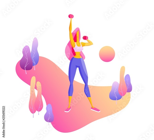 Girl doing fitness exercises with dumbbells Sport, fitness, pilates Vector illustration