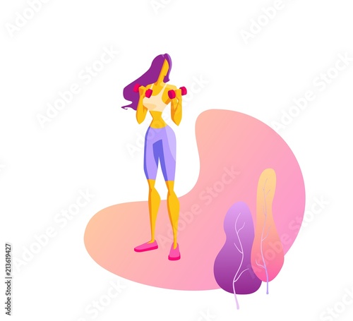Girl doing fitness exercises with dumbbells Sport, fitness, pilates Vector illustration