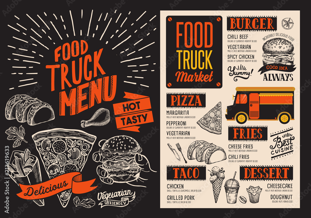 Fototapeta Menu for food truck street festival. Design template with hand-drawn graphic illustrations.