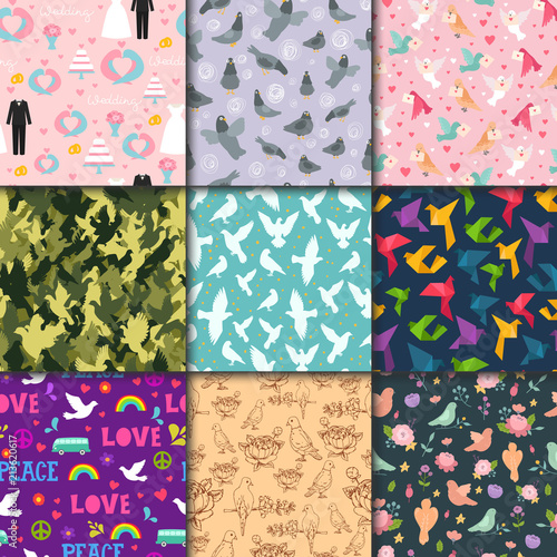 Dove birds vector seamless pattern different style birdie illustration of cartoon flying dovey animal silhouette dovecote background.