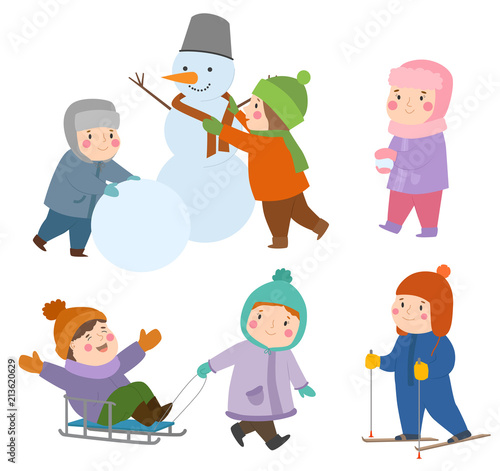 Kids winter Christmas games playground children playing sport games of kinds ...