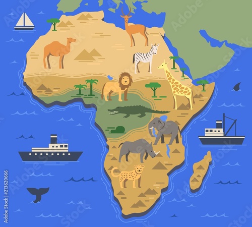 Stylized Africa map with indigenous animals and nature symbols. Simple geographical map. Flat vector illustration.