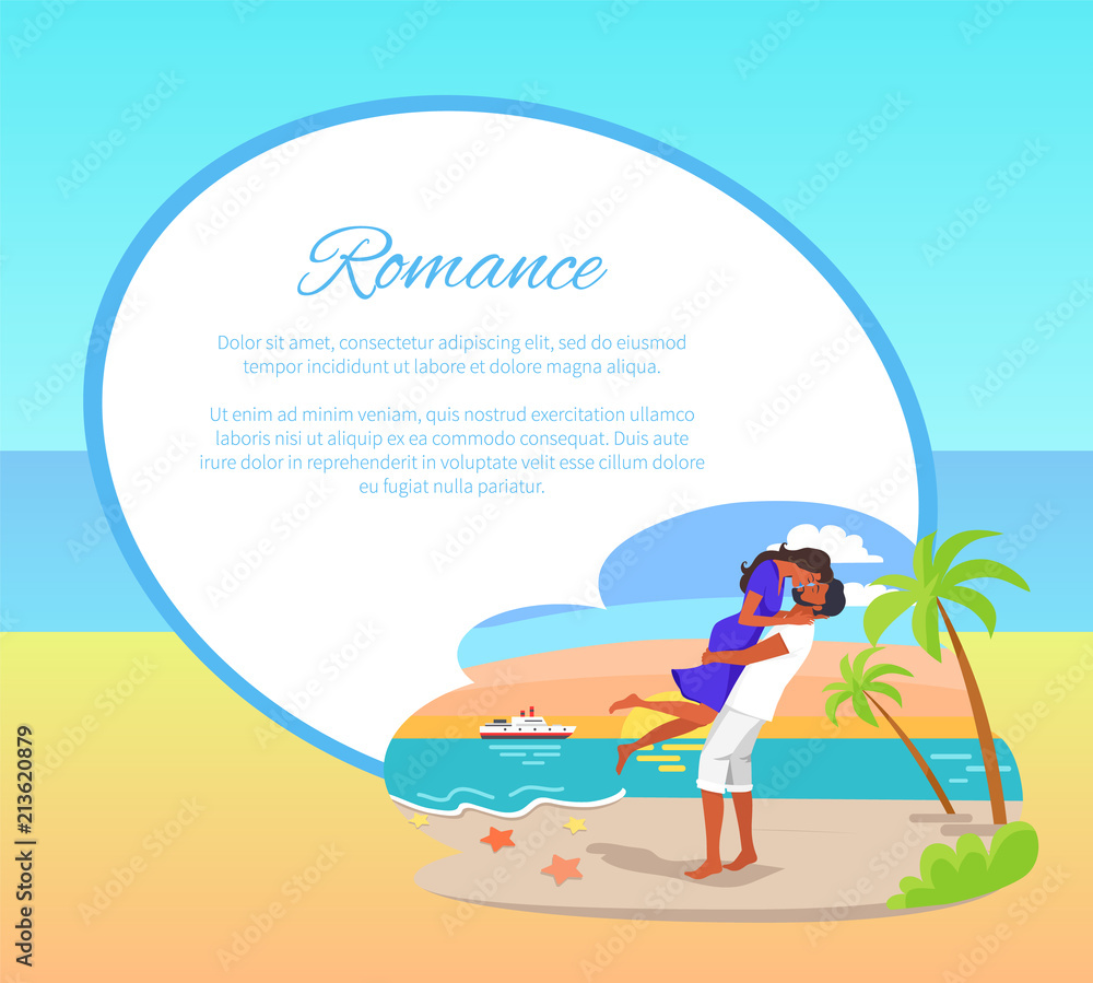 Romance Web Poster with Couple Embracing Seashore