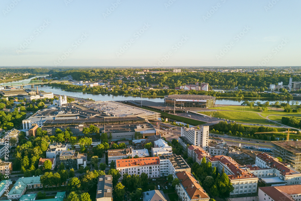Aerial view of Kaunas city center. Kaunas is the second-largest city in country and has historically been a leading centre of economic, academic, and cultural