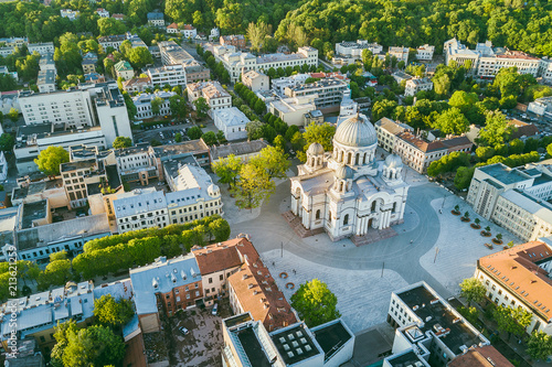 Aerial view of Kaunas city center. Kaunas is the second-largest city in country and has historically been a leading centre of economic, academic, and cultural life photo