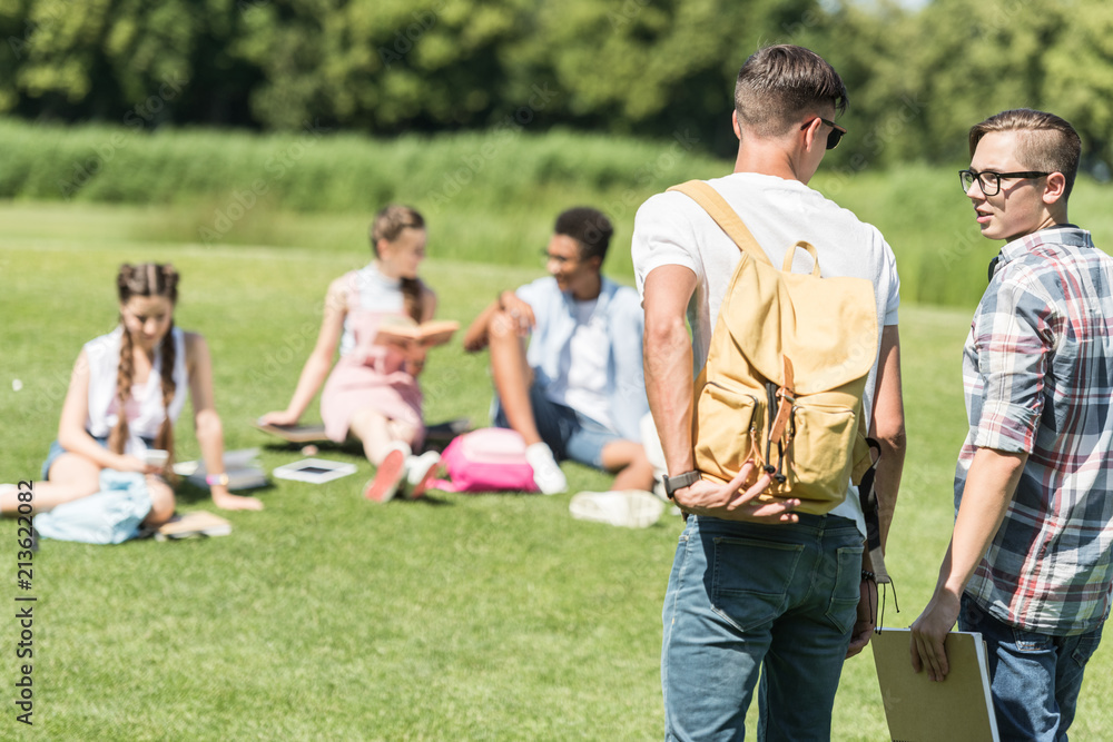 back view of teenage boys walking in park while classmates studying behind on meadow back view of teenage boys walking in park while classmates studying behind on meadow
