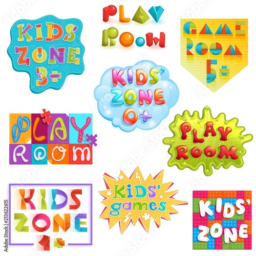 Game room vector kids playroom banner in cartoon style for children play zone decoration illustration set of childish lettering label for kindergarten decor isolated on white background