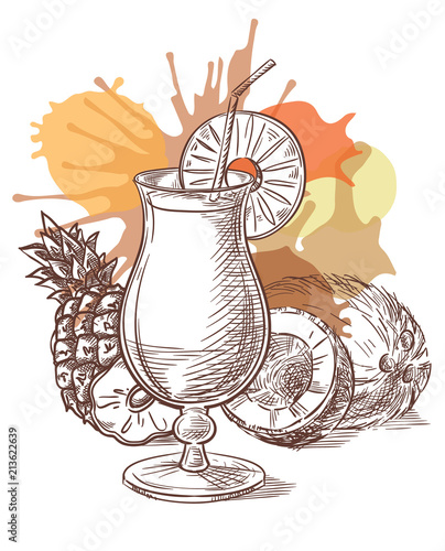 Pina Colada cocktail vector sketch