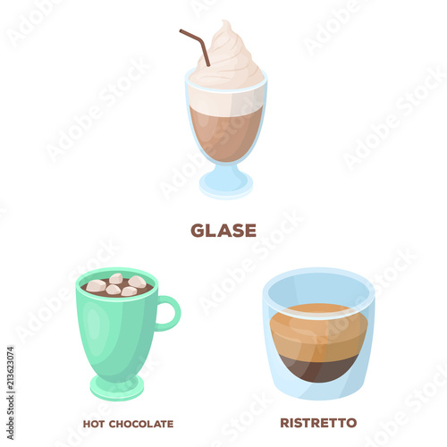 Different kinds of coffee cartoon icons in set collection for design. Coffee drink vector symbol stock web illustration.