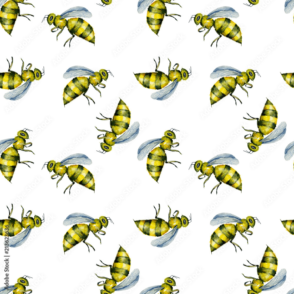 Obraz premium Seamless pattern with watercolor bees, hand drawn isolated on a white background