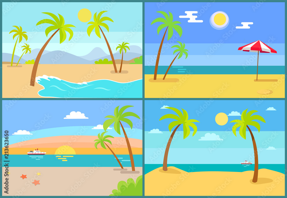 Fototapeta premium Seascape and Palms Collection Vector Illustration