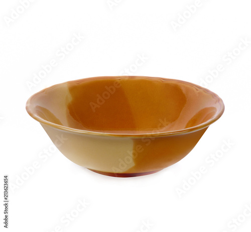 empty brown and yellow  ceramic bowl isolated on white background