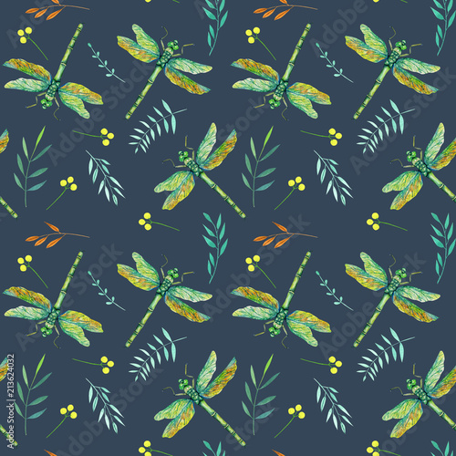 Seamless pattern with watercolor green dragonflies and branches  hand painted on a deep blue background