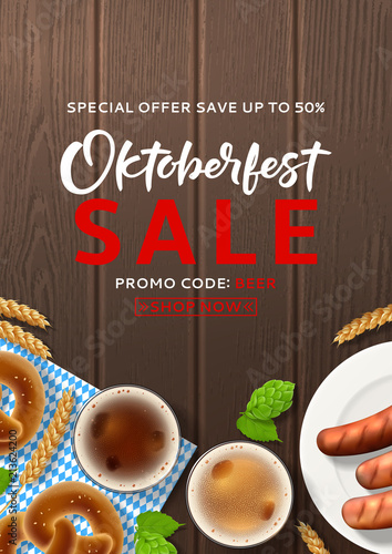 Advertisement flyer for Oktoberfest sale. Vector illustration with realistic beer, sausages and traditional textile on wooden texture. Seasonal offer with discount.