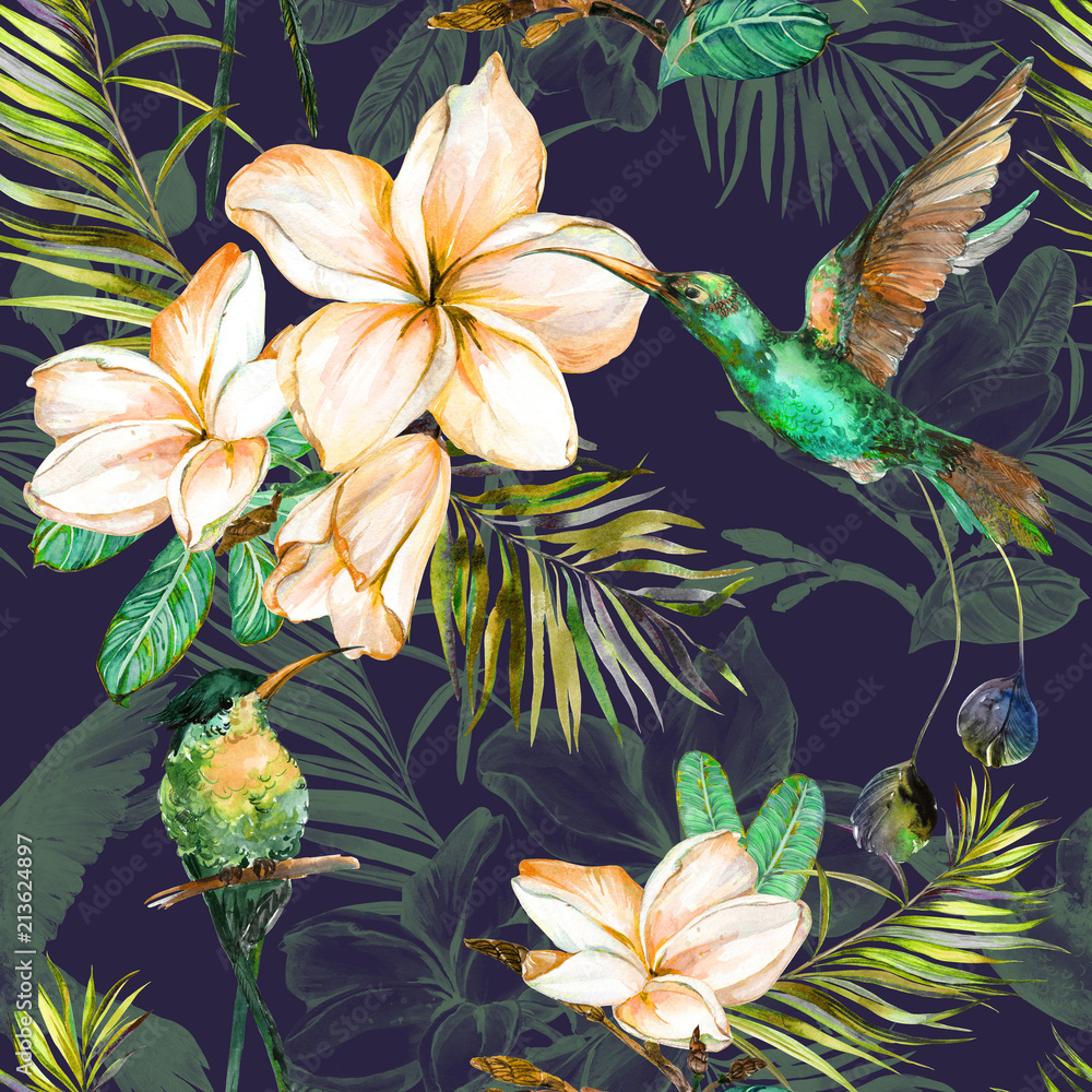 Fototapeta tropikalne liście i kolorowe kwiaty na ciemnym tle. Ręcznie malowana ilustracja.