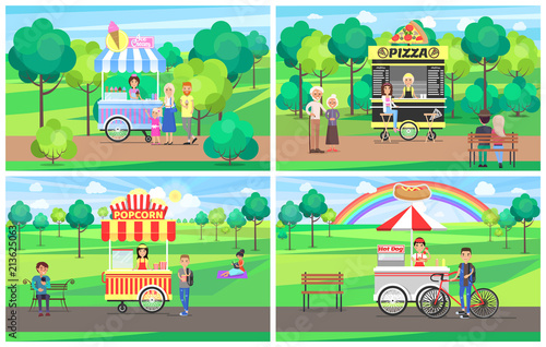 Ice Cream and Pizza Stand Vector Illustration