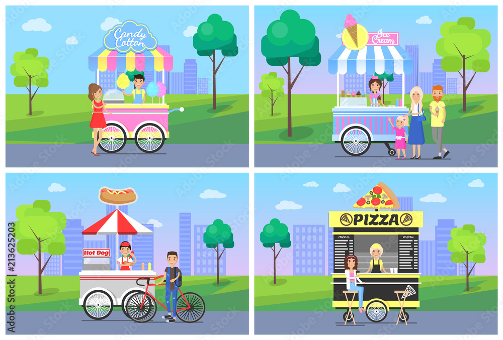 Naklejka premium Cheerful Clients Near Street Food Shops in Park