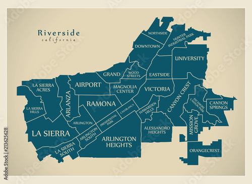 Modern City Map - Riverside California city of the USA with neighborhoods and titles