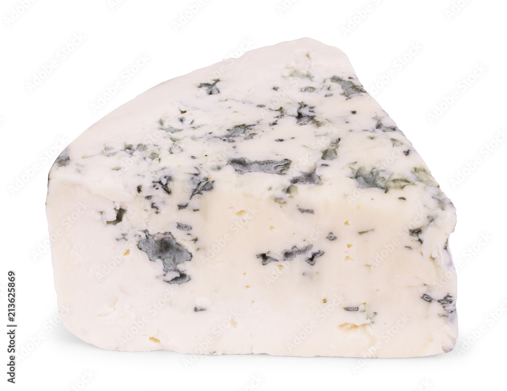 A piece of fresh gorgonzola cheese on a white background