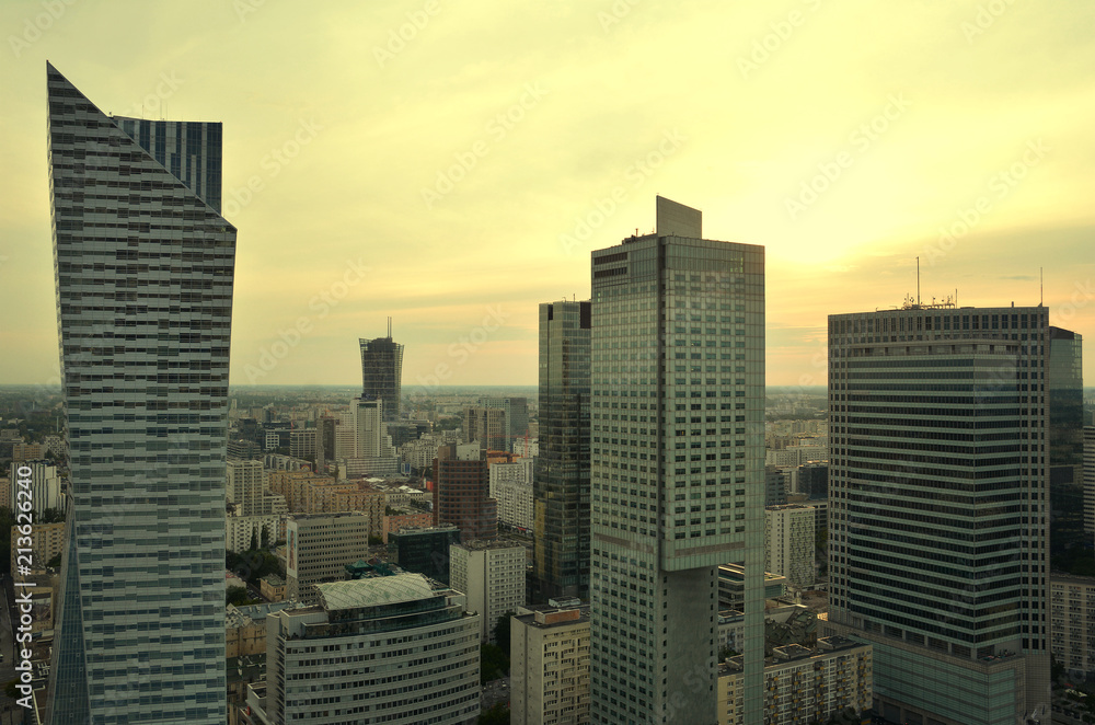 View from above and urban skyline  at sunset in Warsaw , Poland.