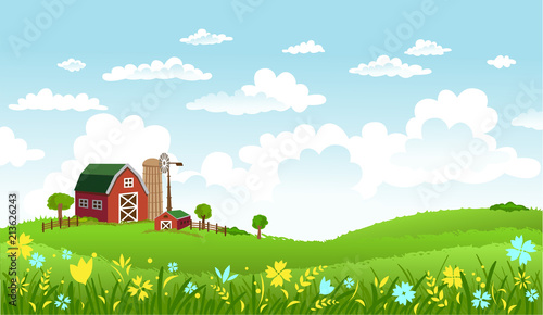 Vector illustration of beautiful landscape with farm.